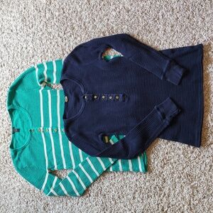 Women's J. Crew Thermal Henley Striped Knit Top Navy Green XS